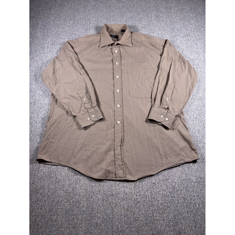 HUGO BOSS Tan Pinstripe Dress Shirt 17 34 35 Long Sleeve Button Up Mens‎